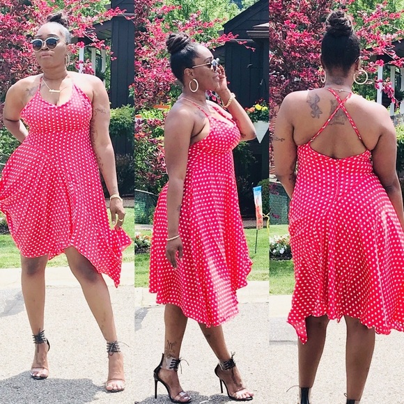 INA RED WHITE SKINNY STRAP POLKA DOT MIDI DRESS - Picture 2 of 4